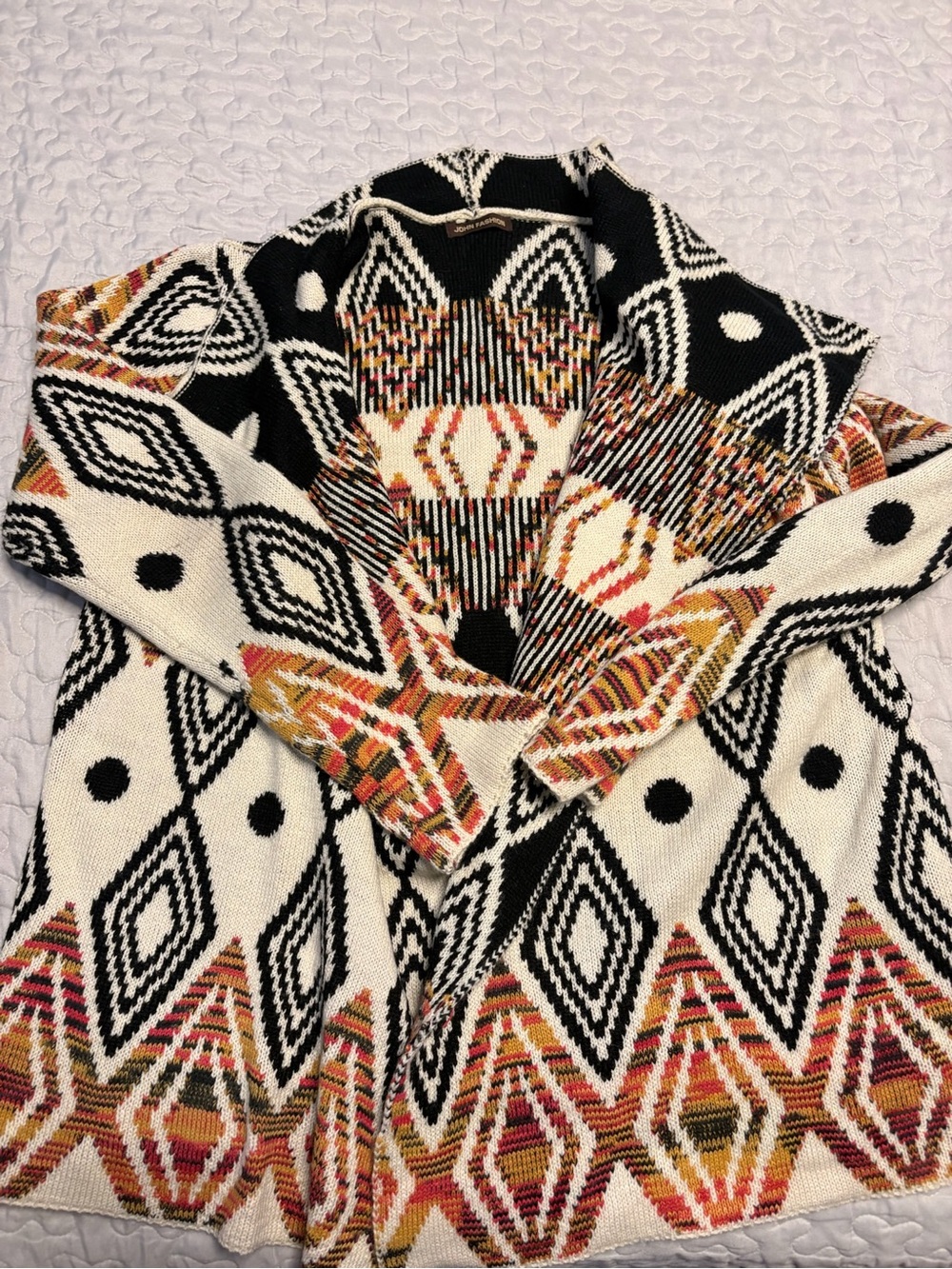 Open-Front Geometric Cardigan in Black & Cream with Warm Accent Colors